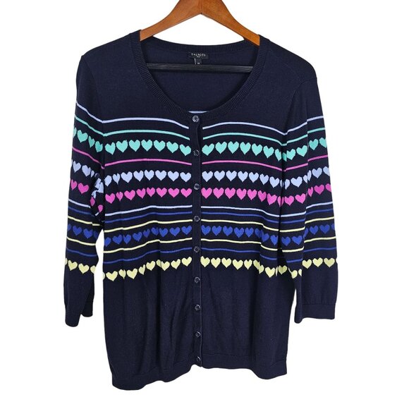 Talbots Heart Pattern Cardigan Sweater 1X Navy Multicolor 3/4 Sleeves Rainbow - Picture 1 of 9
